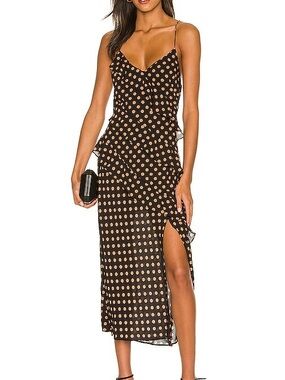 MINKPINK Black Slip Midi Dress with Tan Polka Dots